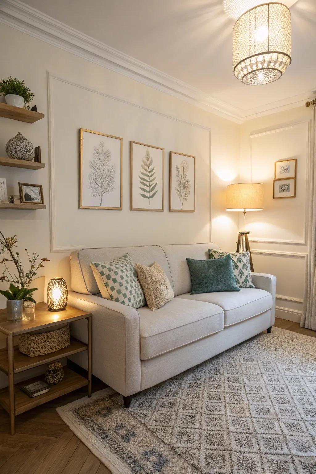A trim couch enhancing the openness of a petite living area.