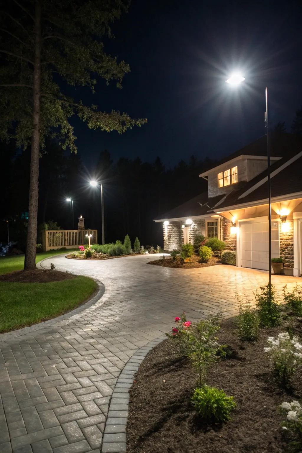 Soffit projector lamps provide both security and style for a well-lit driveway.