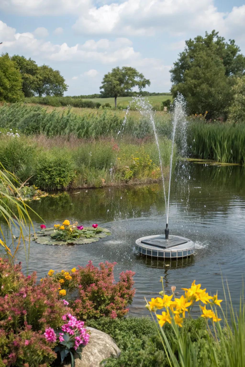 A buoyant solar fountain adding motion and vibrancy to a garden pond.