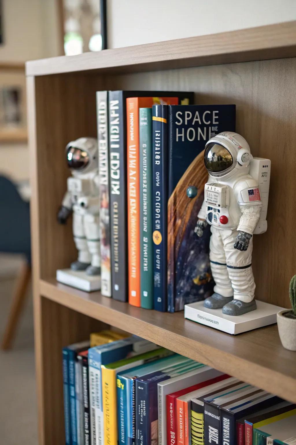 Space explorer figures supporting books, adding a fun touch to your bookshelf.