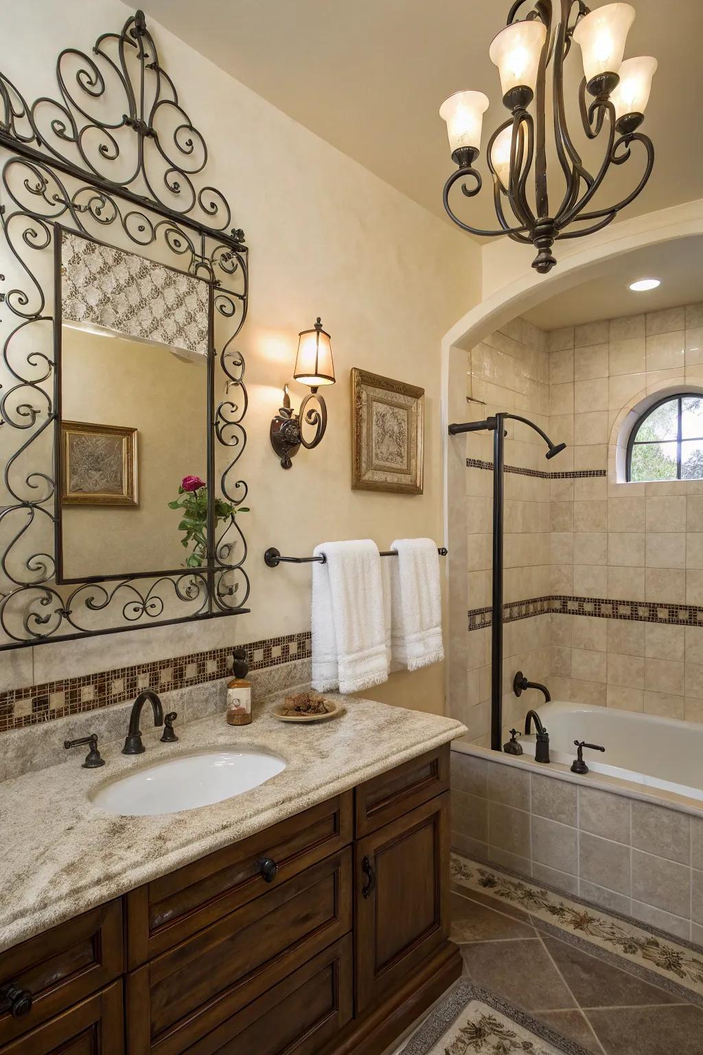 Hand-forged iron elements add classic elegance to the area.