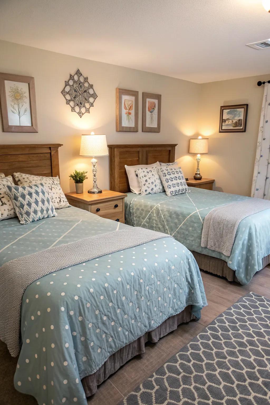 Sleepers with personalized decor in a shared bedroom.