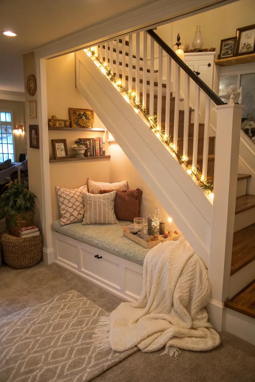 A comfortable nook beneath the steps delivers an ideal retreat.