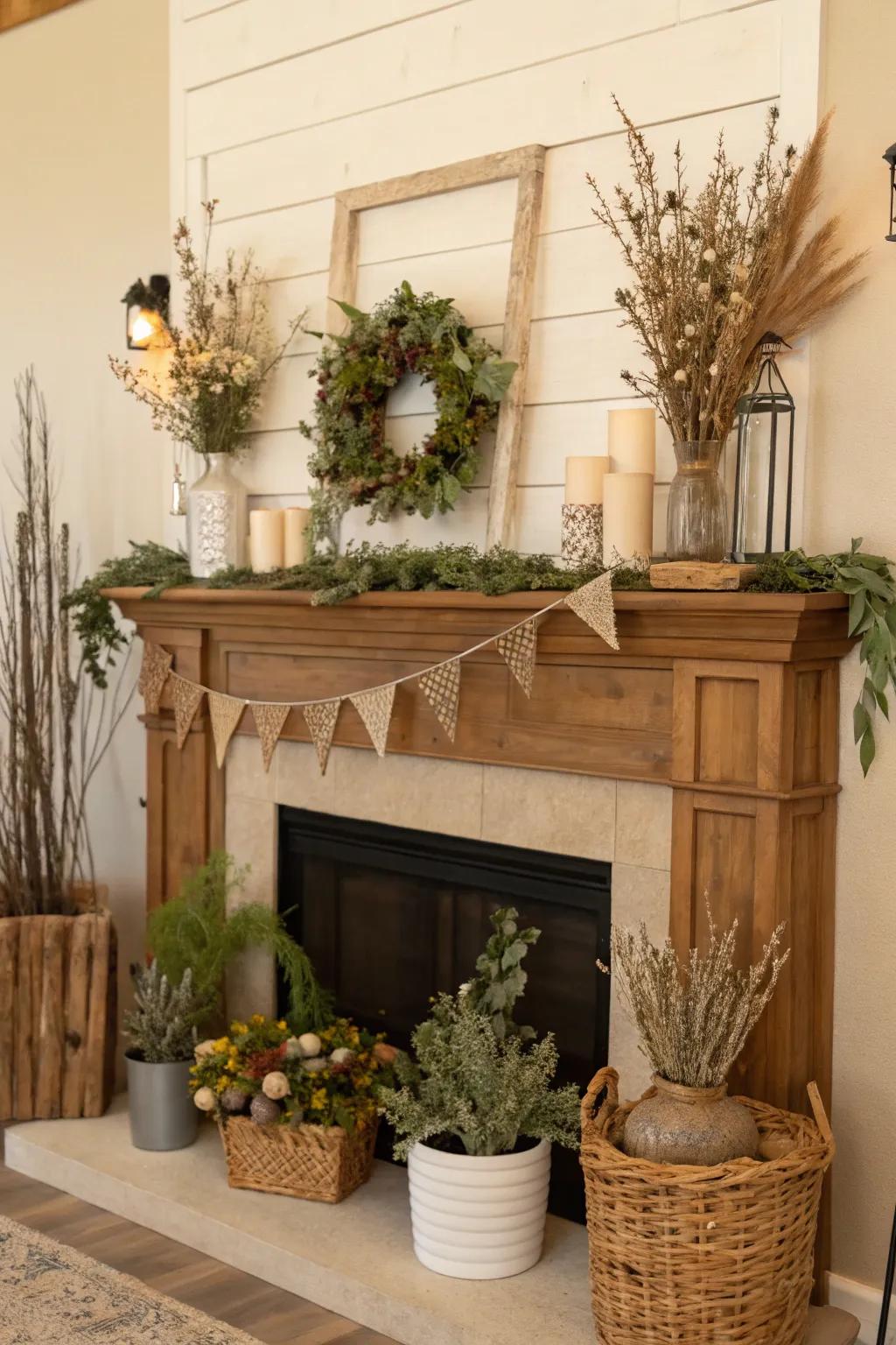 Natural accents infuse a tranquil and earthy vibe into your spring mantel.