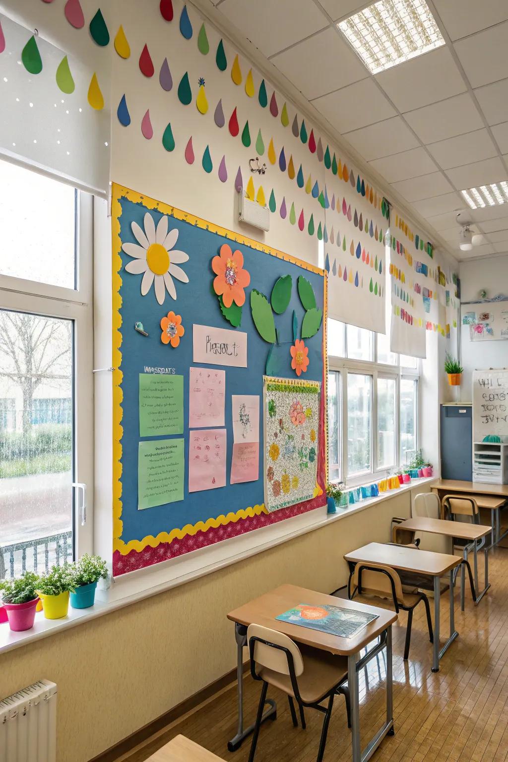 The appearance of showers in April and blooms in May comes to life on this bulletin board.