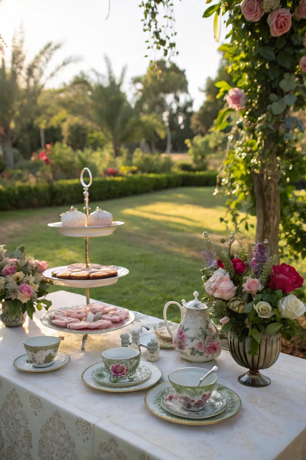 An outdoor setting furnishes a revitalizing backdrop for a spring tea party.