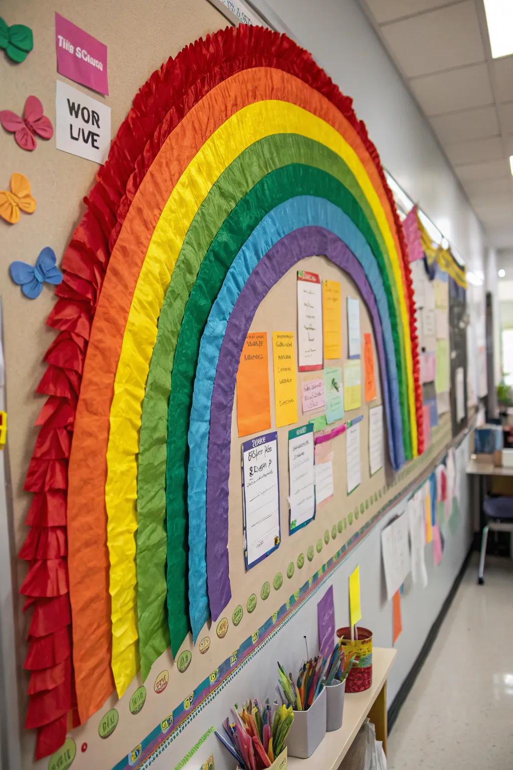 A vibrant rainbow including hope and color to the bulletin board.