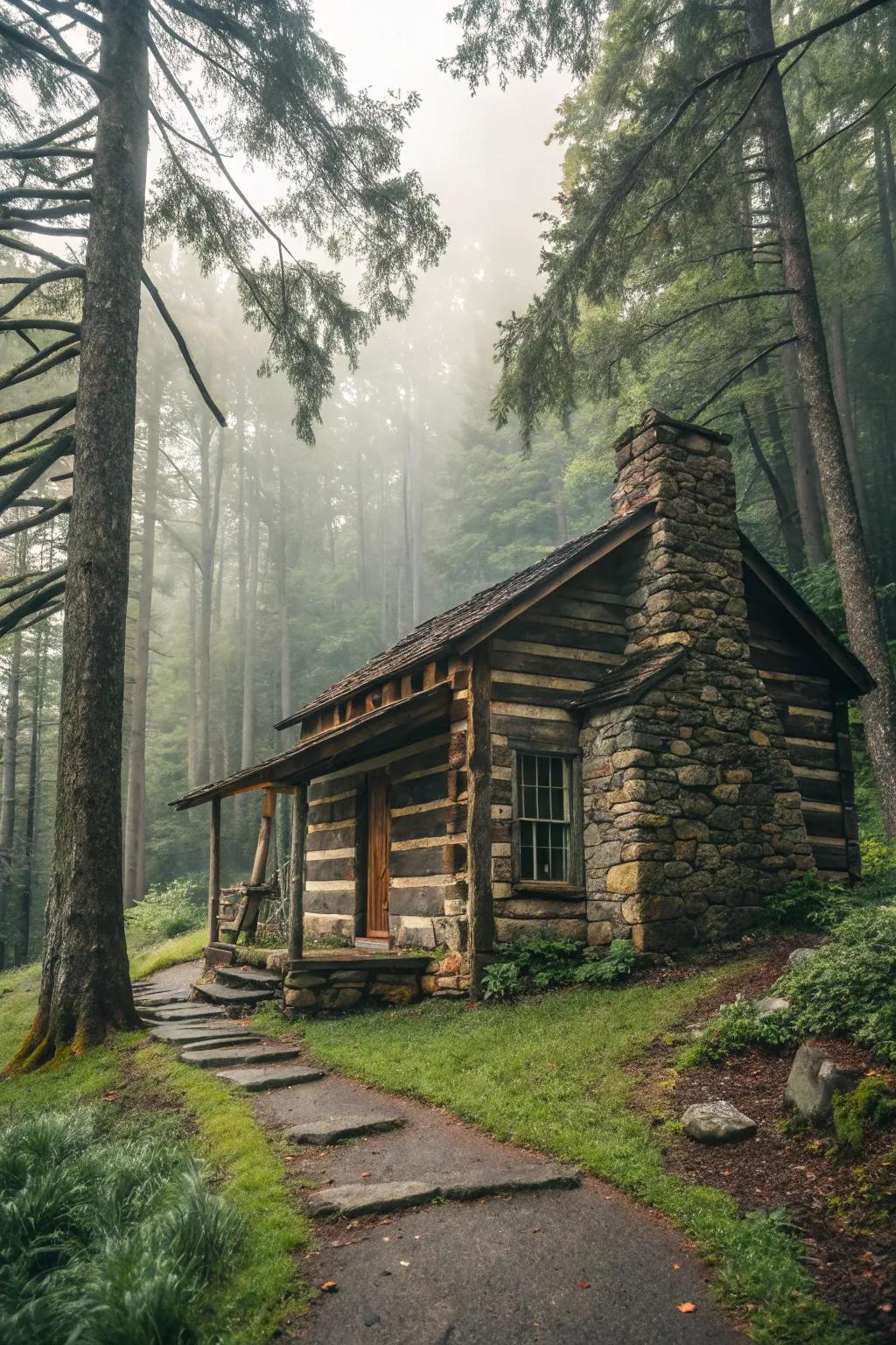A comfortable cabin aesthetic is achieved through the use of stone and timber cladding.