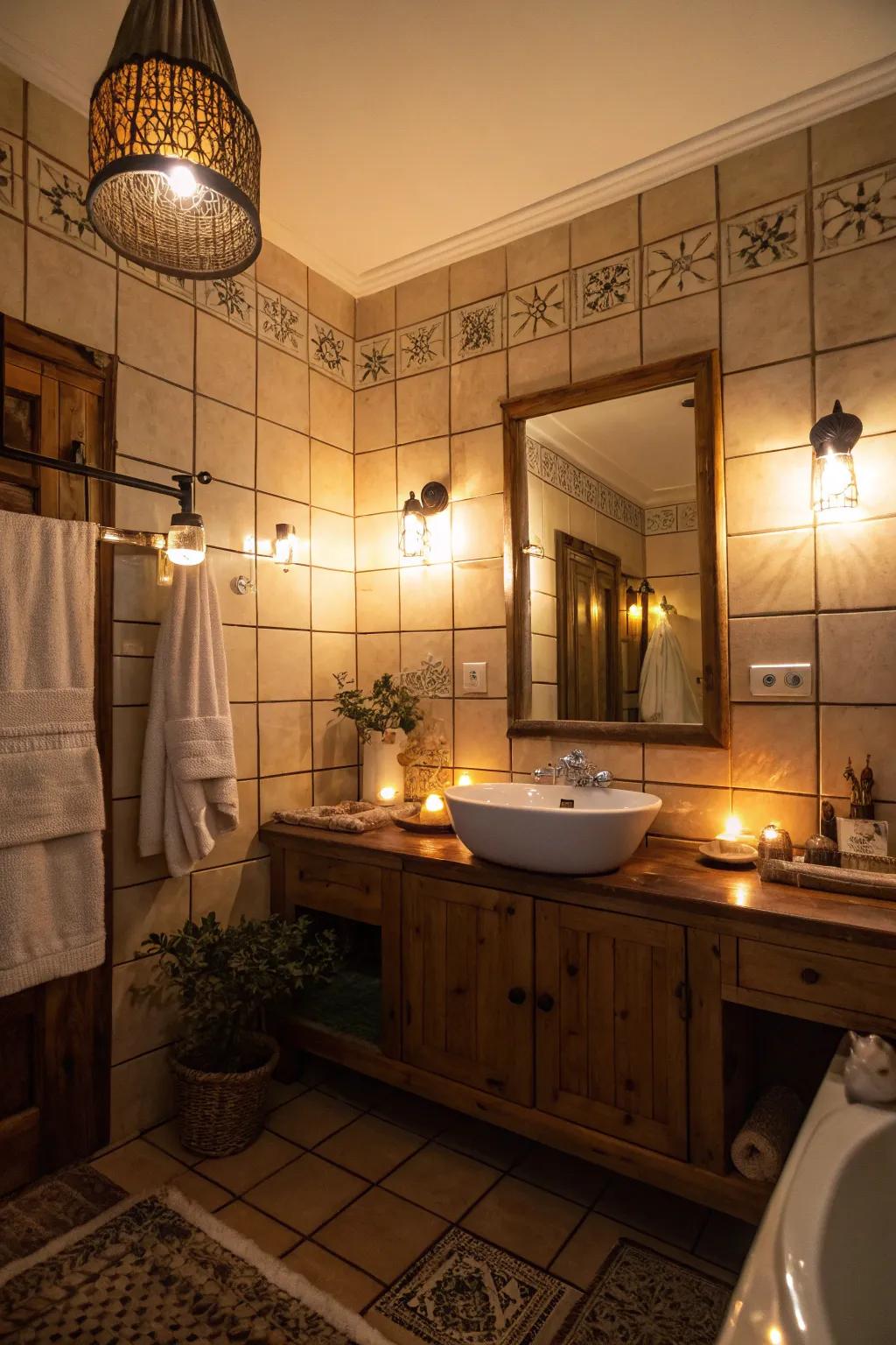 Dimmable lighting cultivates a customizable and peaceful environment in the restroom.
