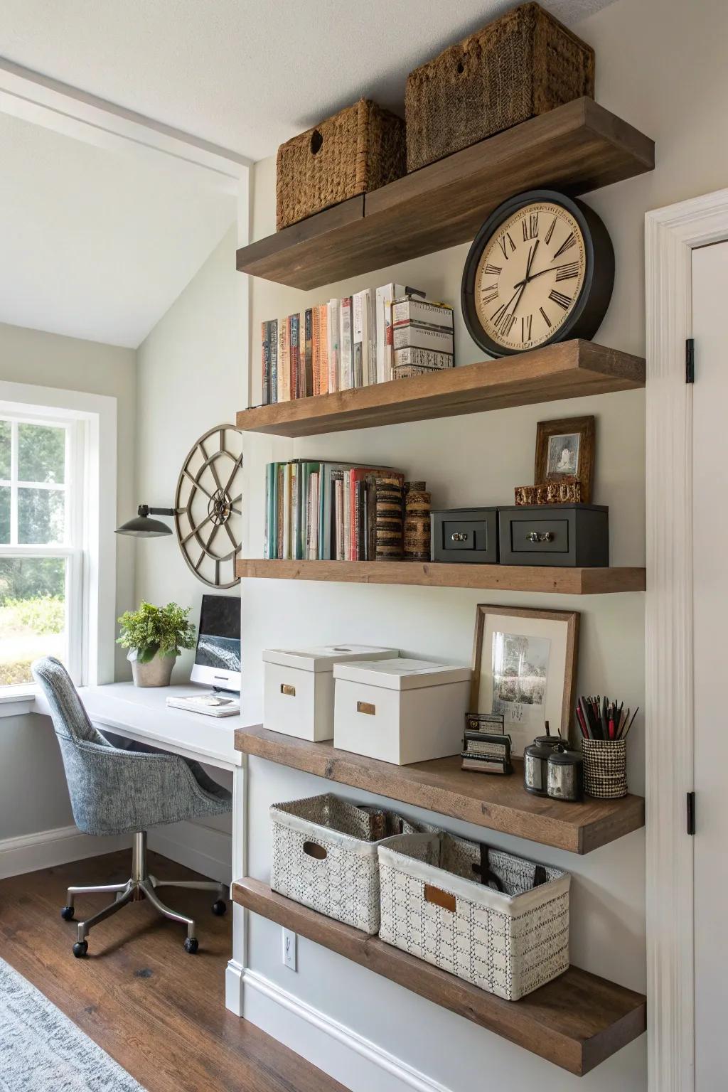 Productive and elegant office arrangement featuring staggered shelving.