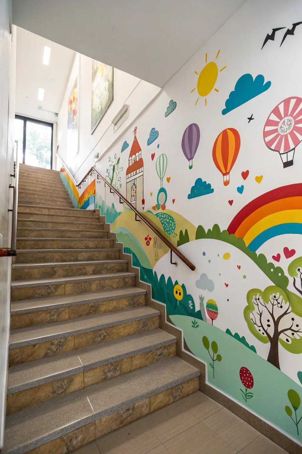 Wall decorations incorporate a playful and imaginative component to staircase walls.