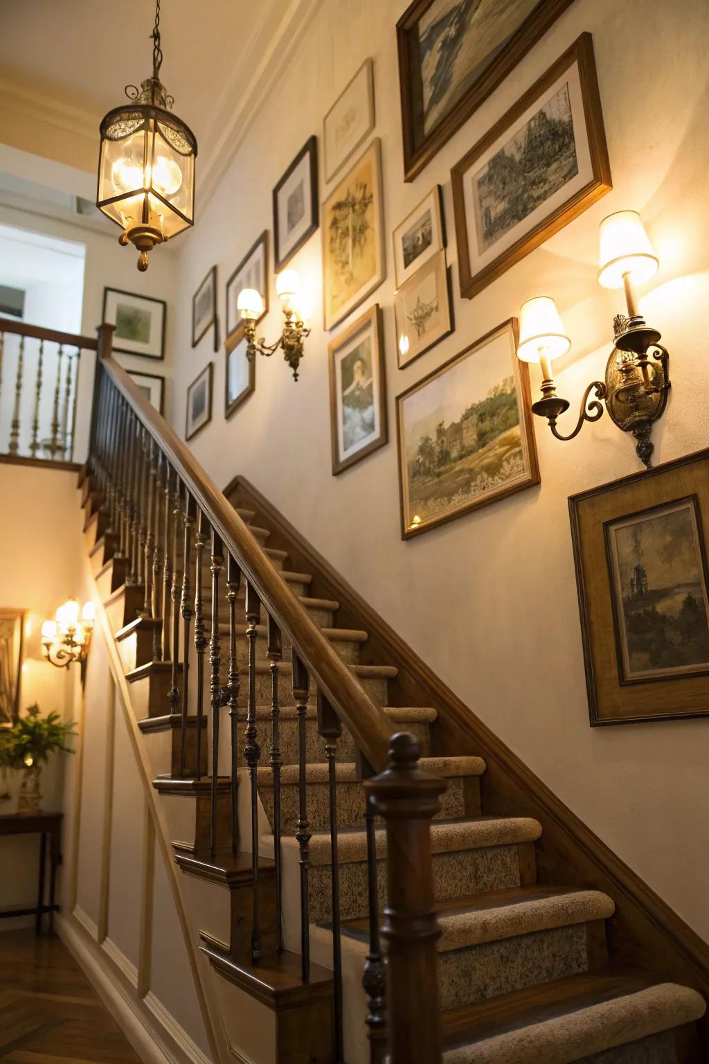 Vintage sconces exquisitely highlight the staircase gallery.