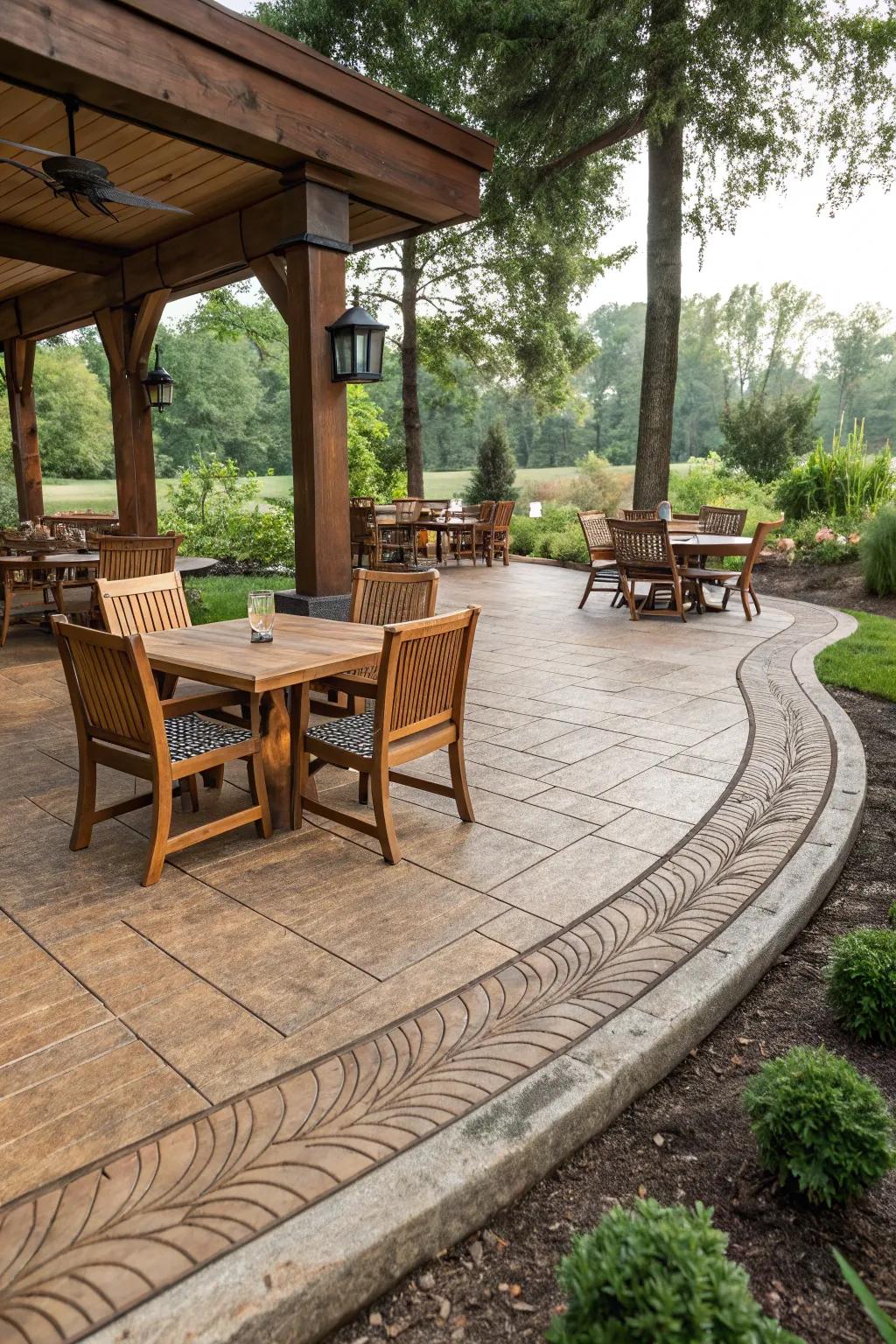 Cozy seating space featuring stamped concrete border with wood grain effect