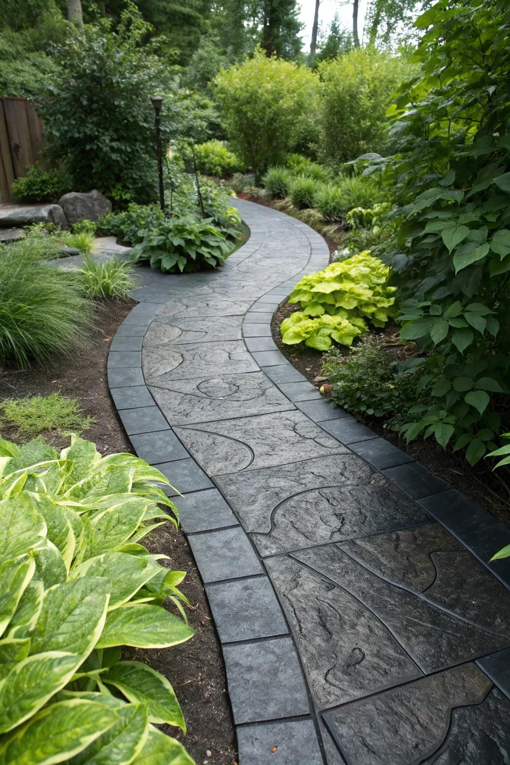 Carbon accents introduce a bold element to this garden walkway.