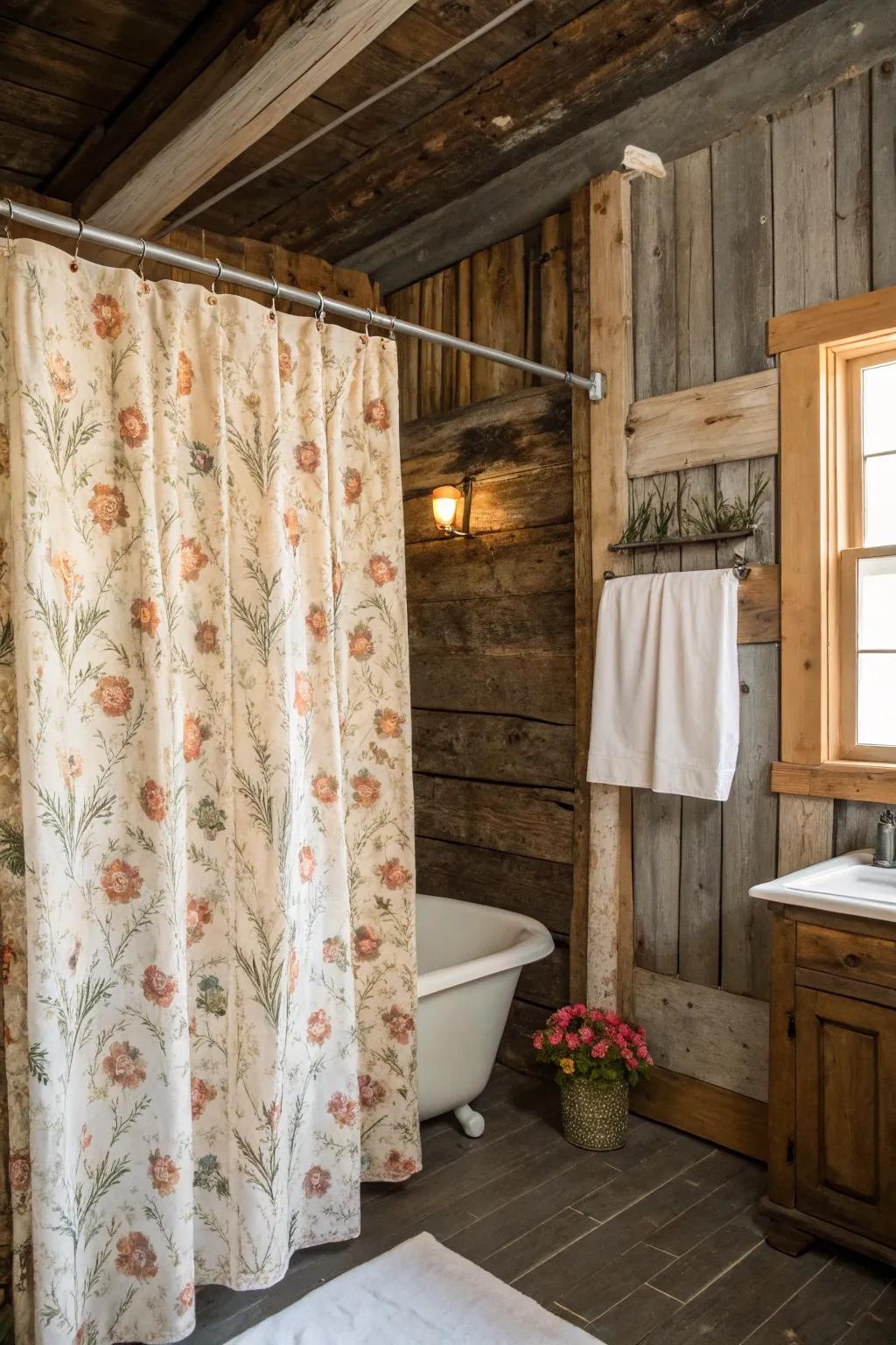 Vintage shower curtains bring a rustic charm to your bathroom.
