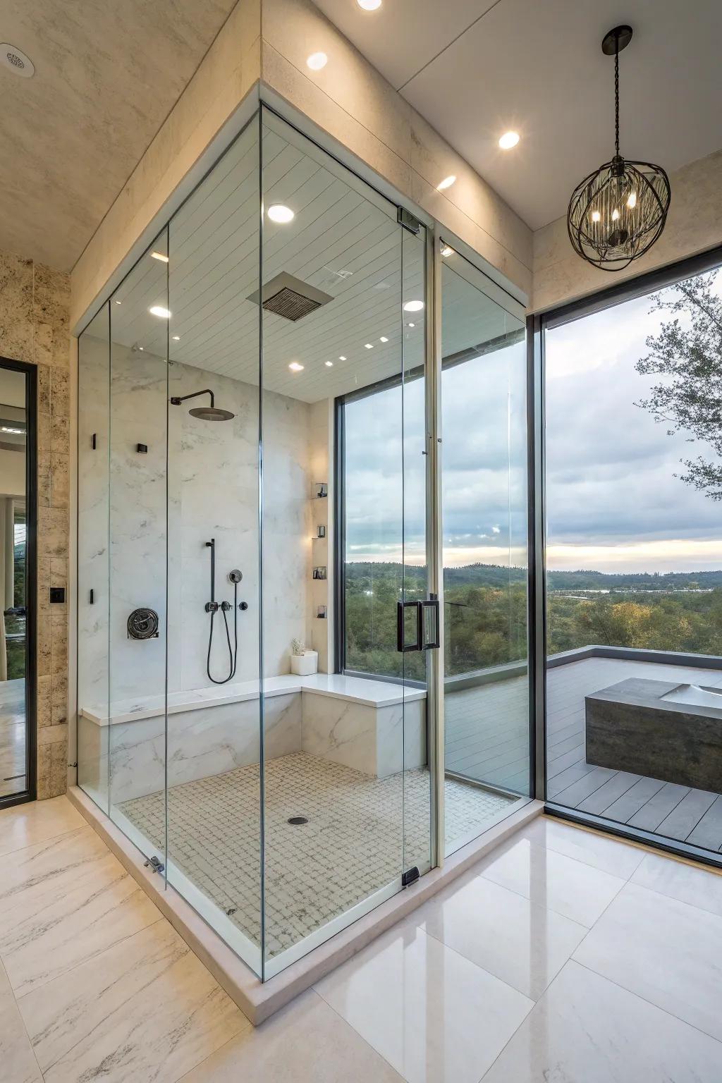 An ample glass enclosure fosters a perception of openness and grandeur.