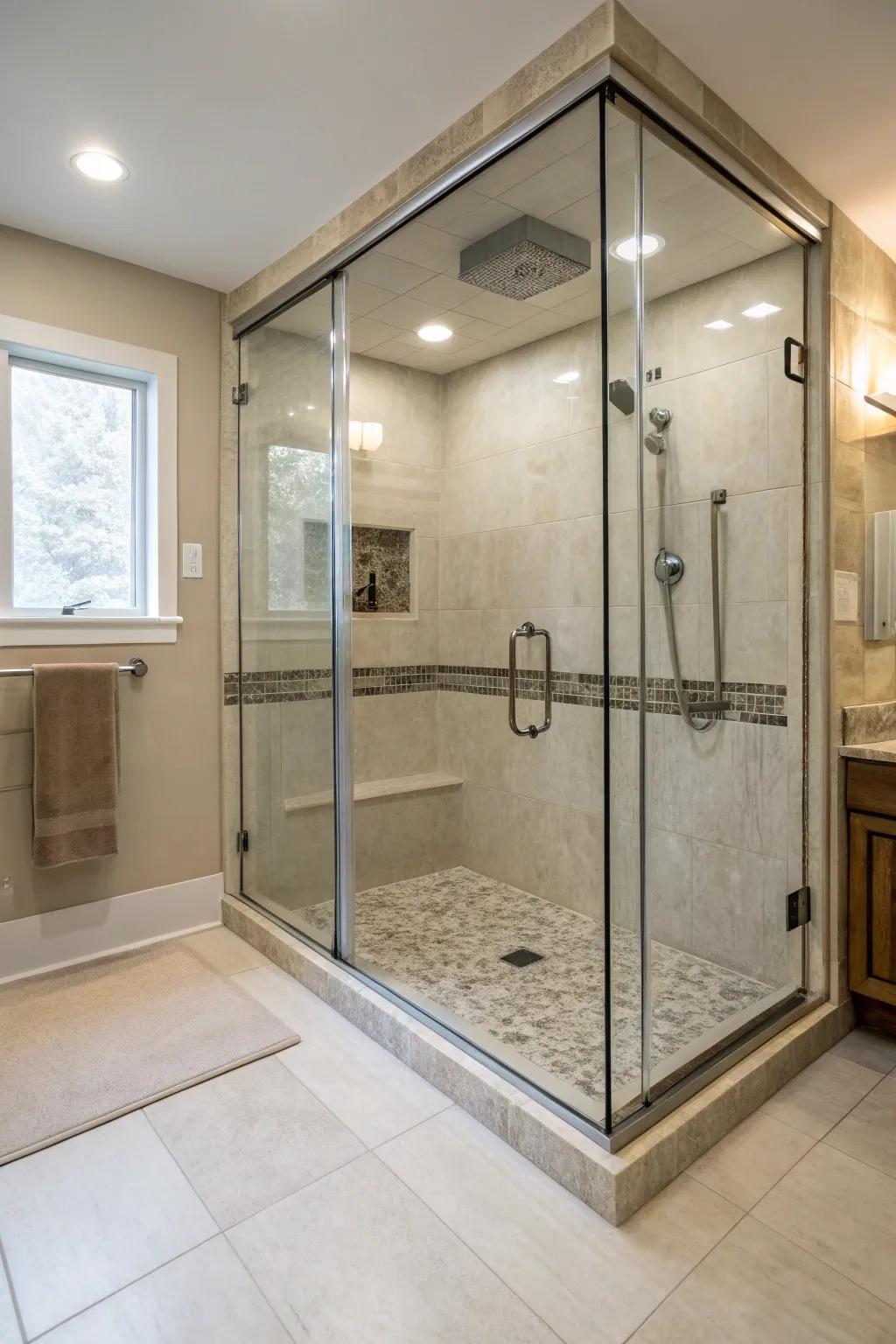 An open split-level shower promoting a smooth and unobstructed layout.
