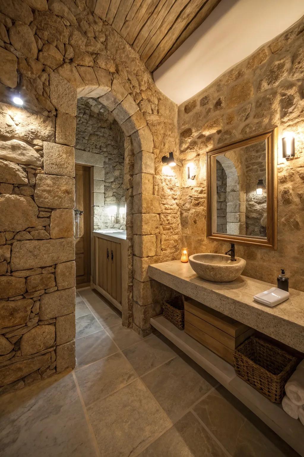 Ambient lighting highlights the textures evident in this stone bathroom.