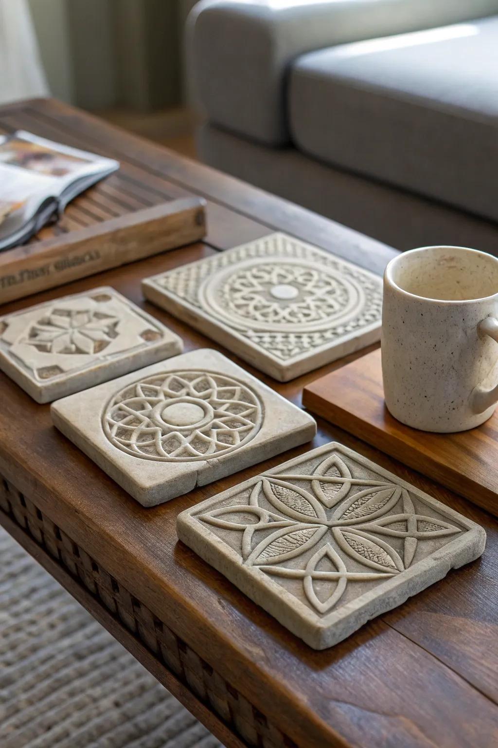 Elegant bespoke stone coasters featuring geometric designs.