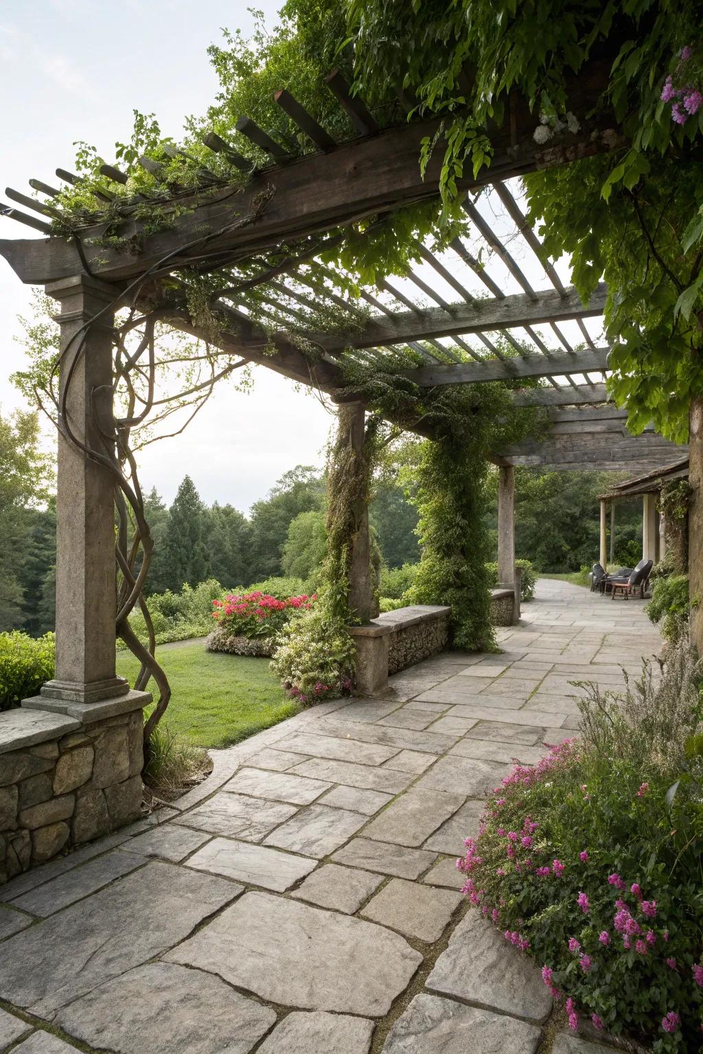 A stone patio enhanced by an arbor structure that features verdant foliage.