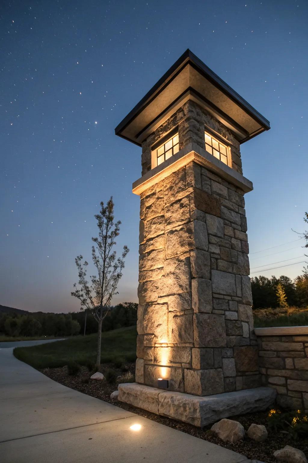 A beautifully illuminated stone mailbox pillar amplifying nighttime allure.