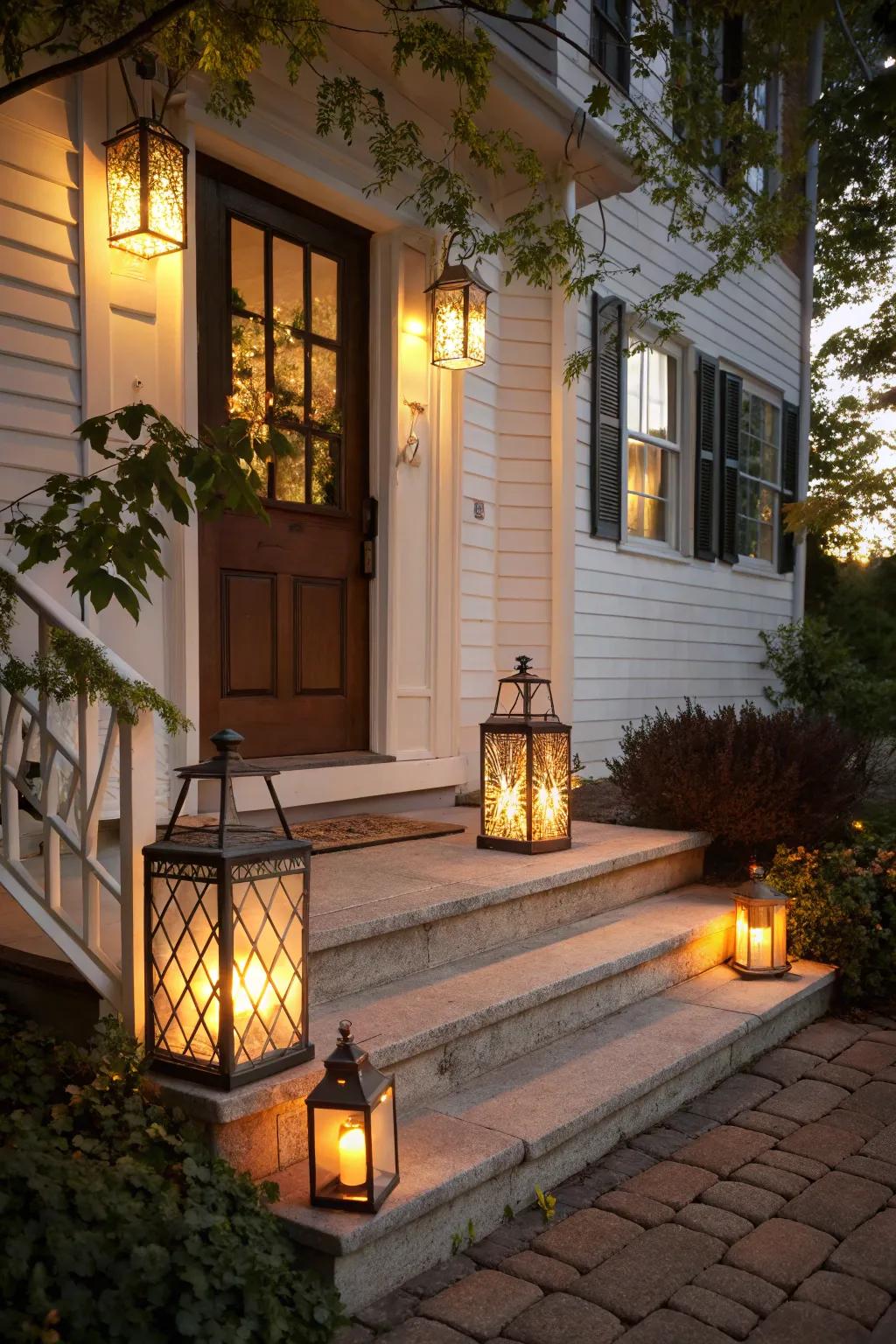 Lanterns cast a gentle, welcoming light on this stoop.