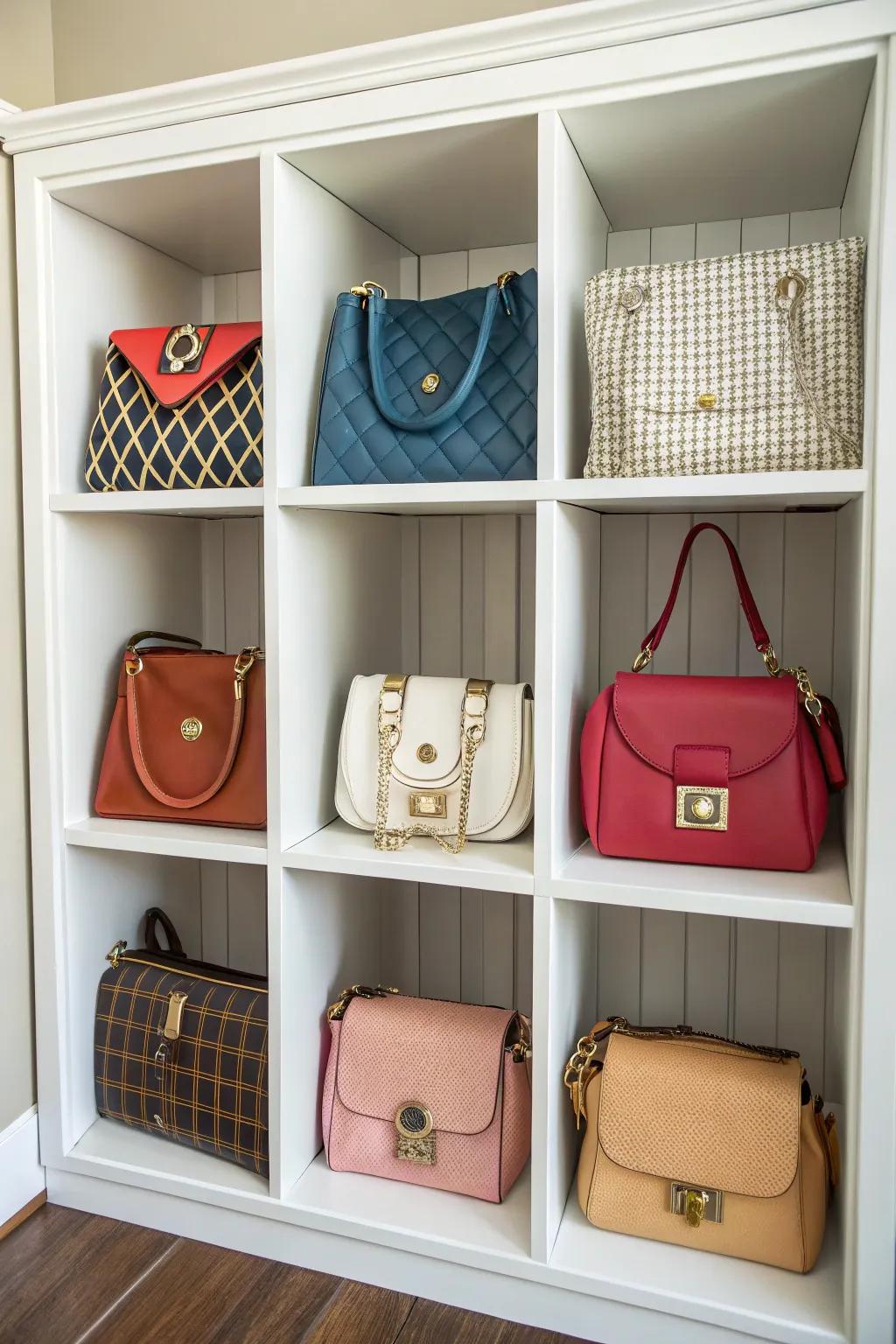 Cubbies neatly organizing a variety of handbags.