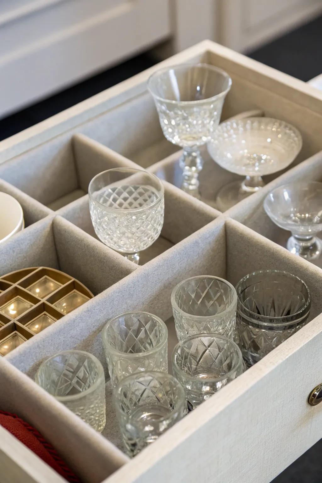 Segmented boxes deliver secure storage for delicate glassware.