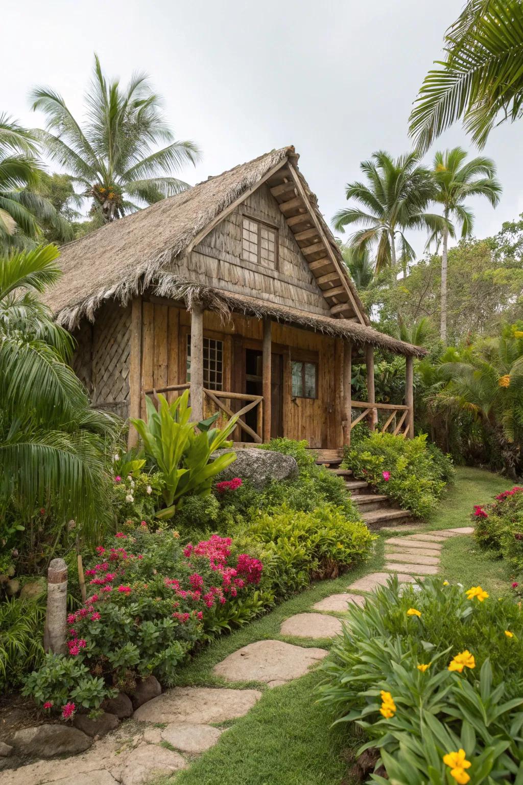 A home constructed from natural materials, blending harmoniously with nature.