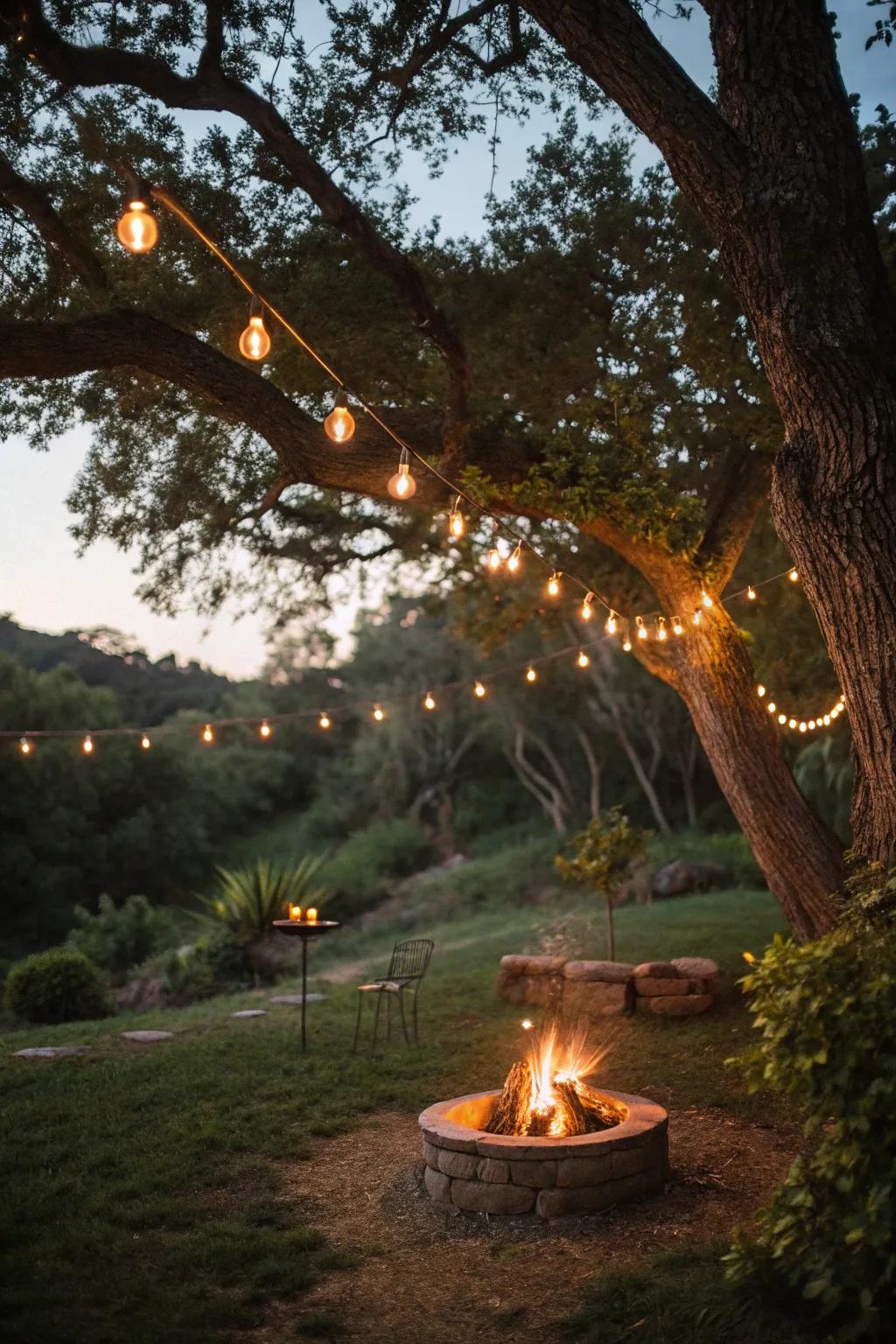 Twinkle lights draped from trees fashion a natural canopy.
