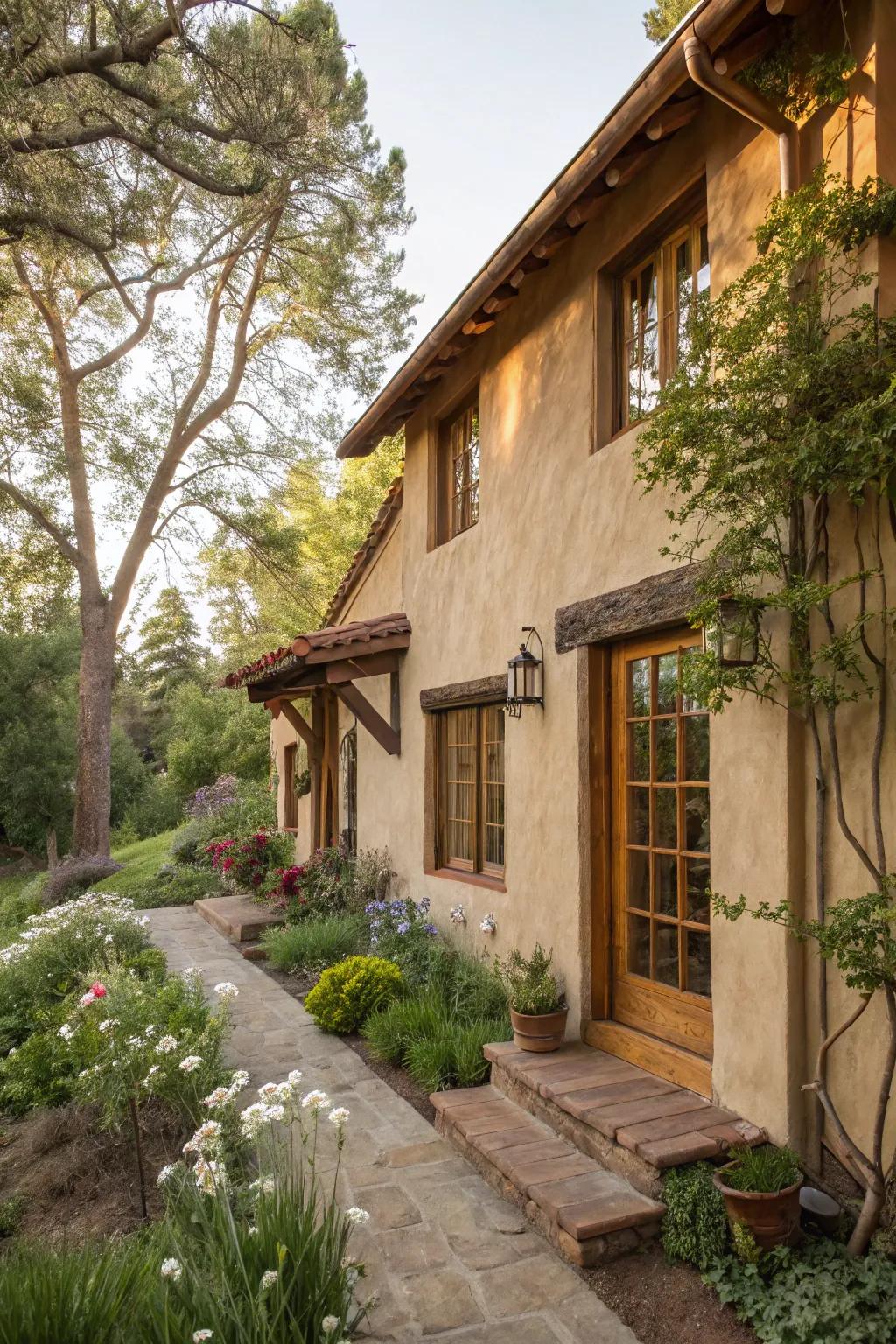 Timber edges offer a countryside charm to this welcoming stucco home.