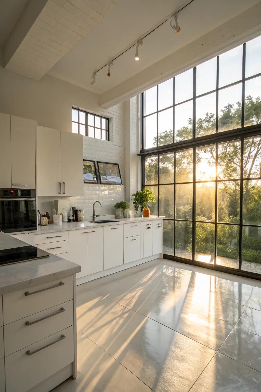 Abundant light generates an airy and expansive sensation in a studio kitchen.