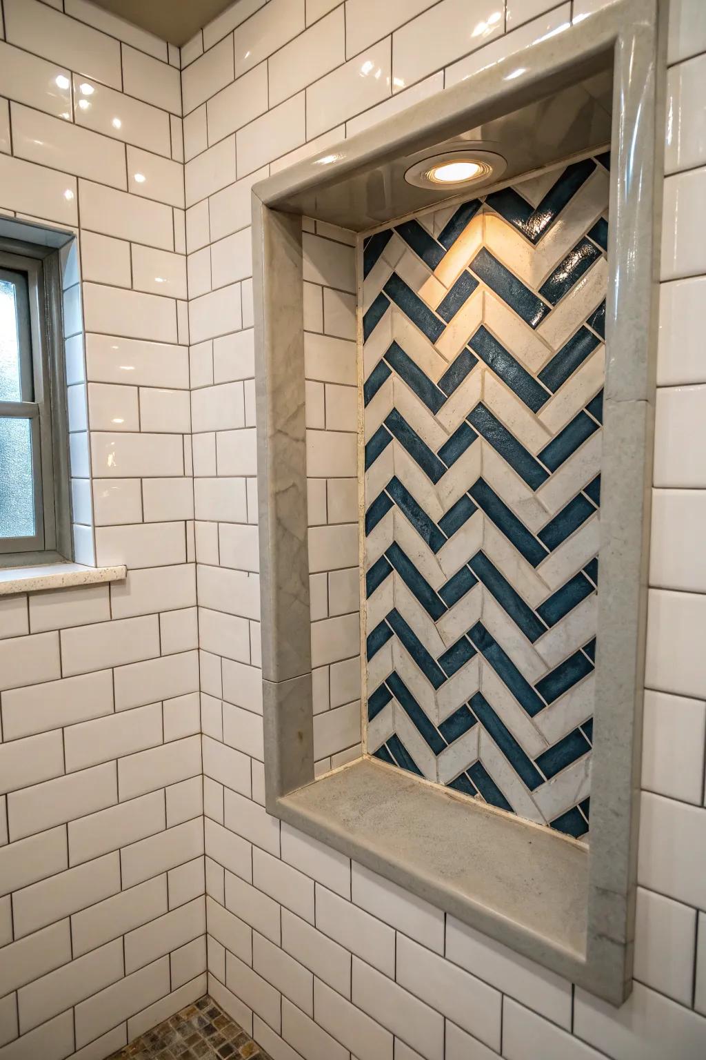An appealing herringbone pattern featured inside a shower niche.