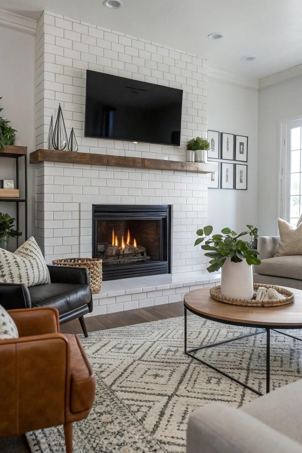 Shiny rectangular tiles impart a modern sheen to this contemporary fireplace.