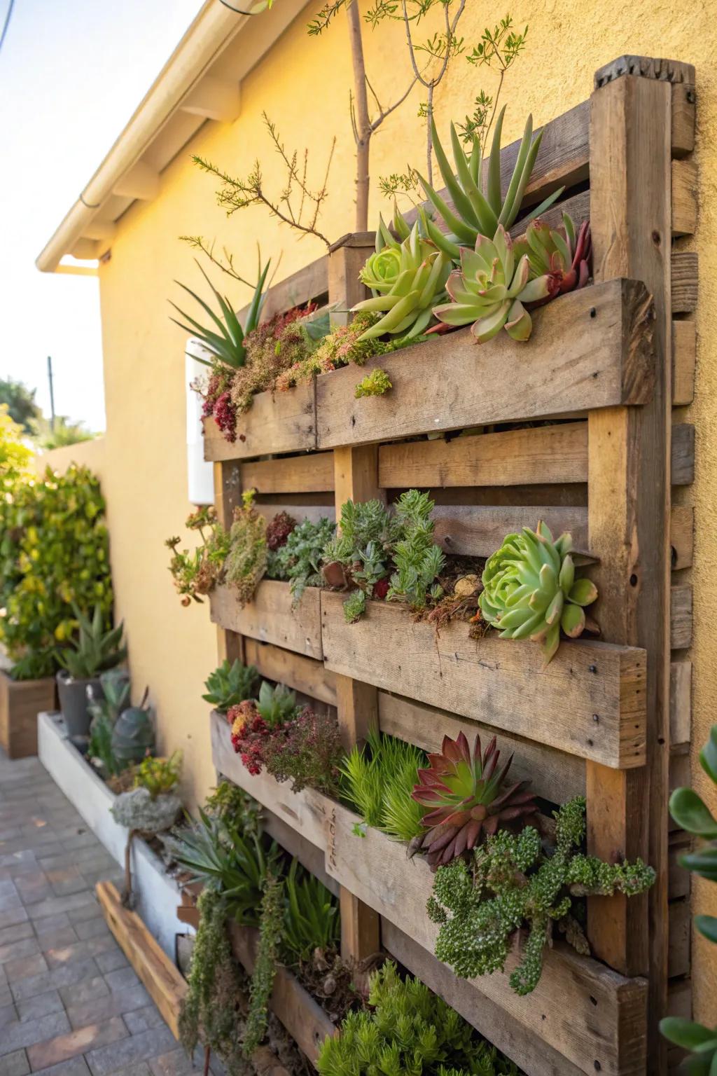 An inventive vertical garden utilizing a wooden pallet as a backdrop to display succulents.