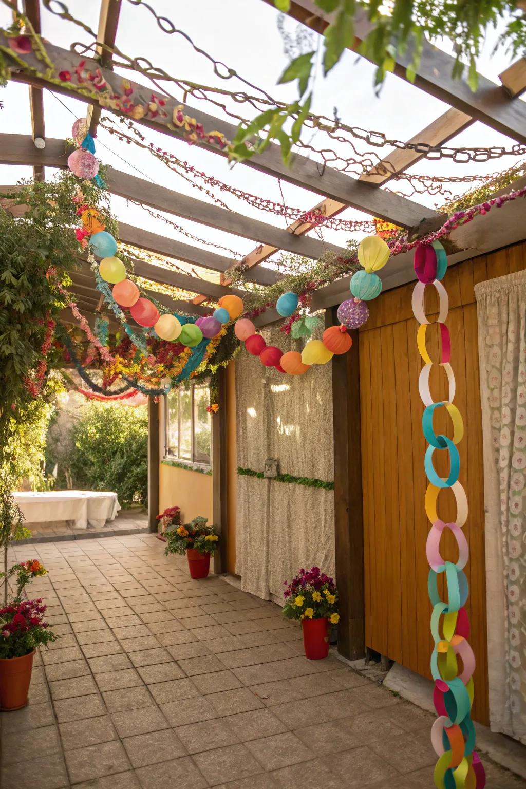 A playful sukkah embellished with lively paper chains.