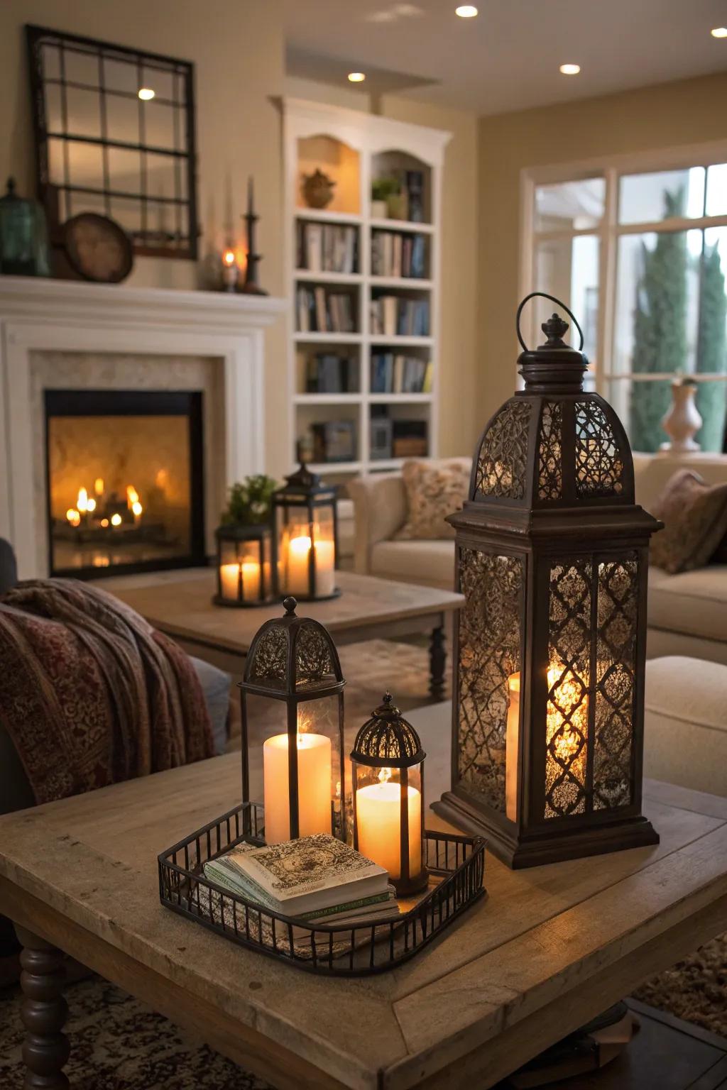 Candles and lanterns establishing a cozy and welcoming ambiance.