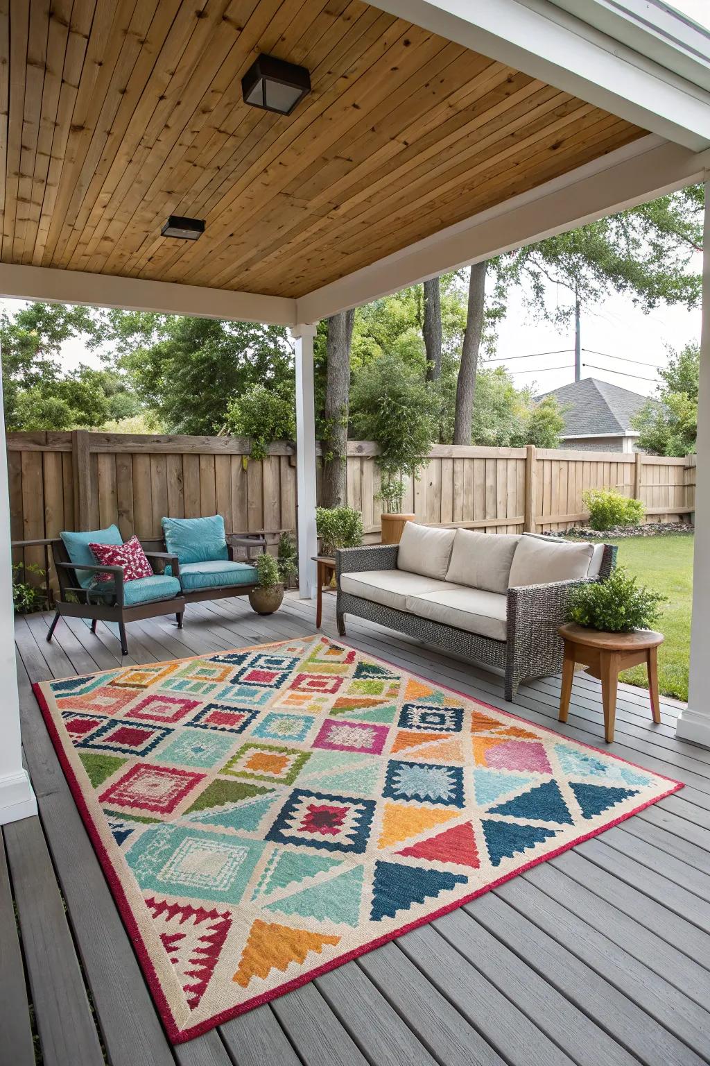 A striking rug defines your porch space and adds character.