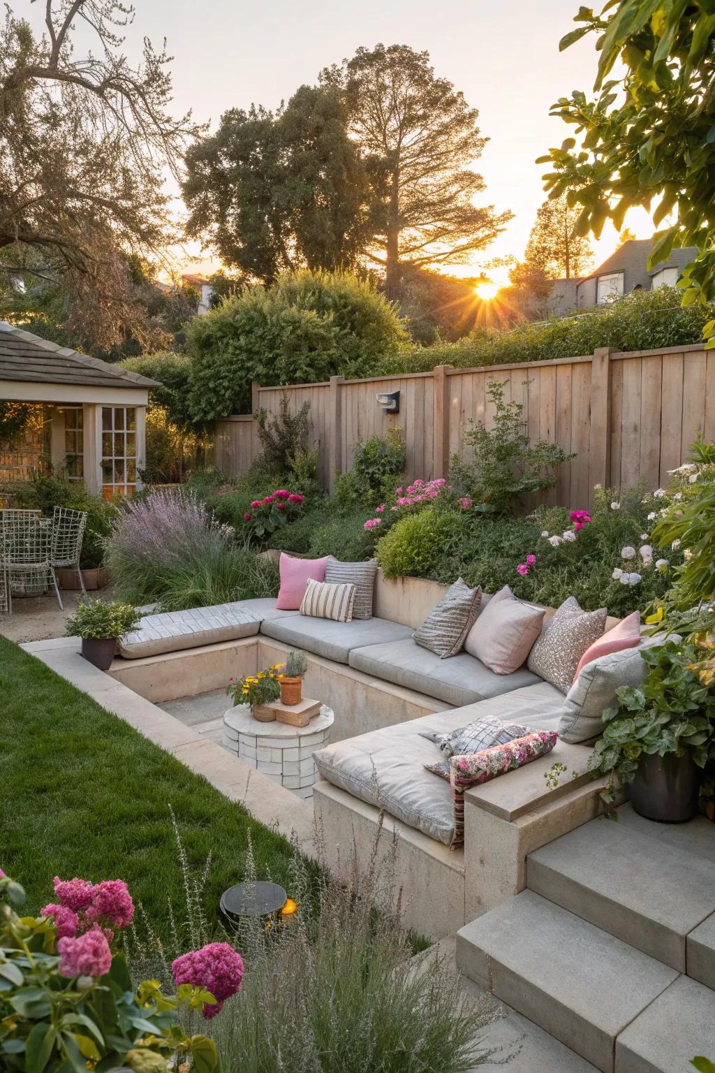 Integrated seating zones make this sunken garden appealing.
