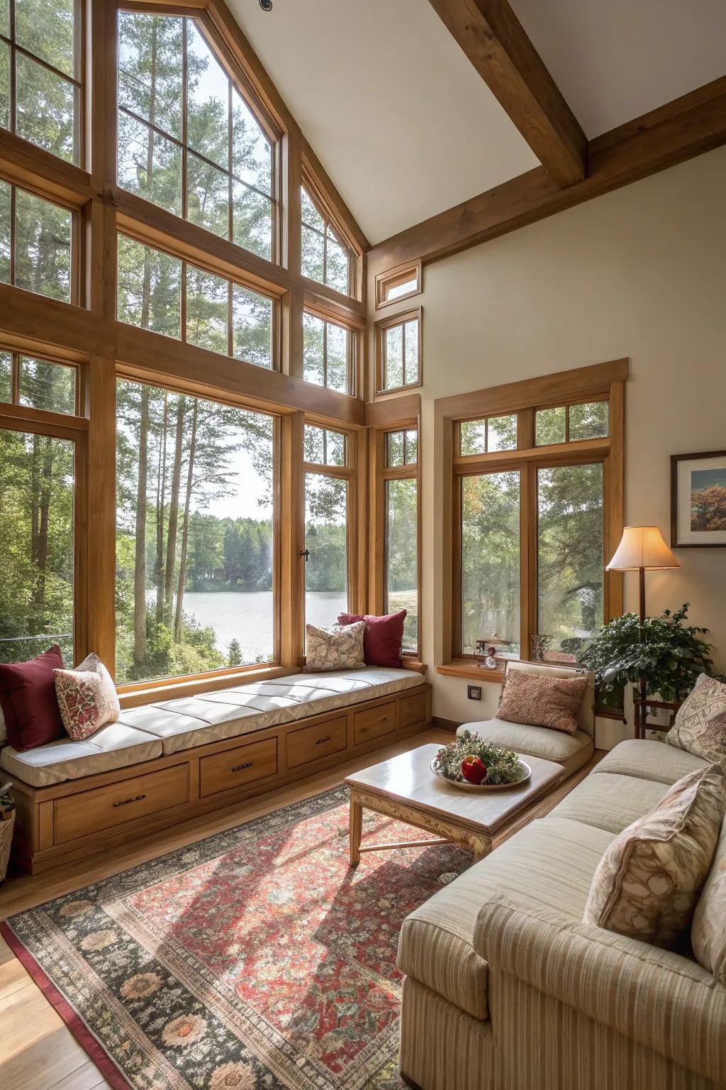 A recessed living room highlighted by large windows and natural sunlight.