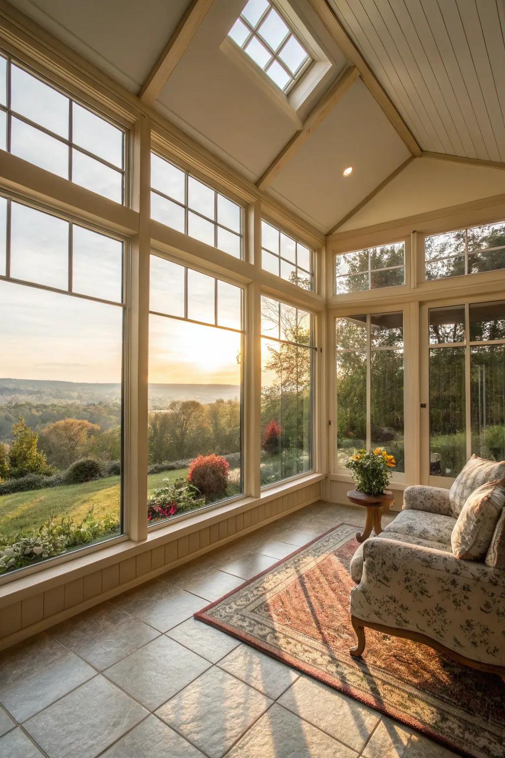 Full-height windows maximize the influx of natural light in your sunroom.