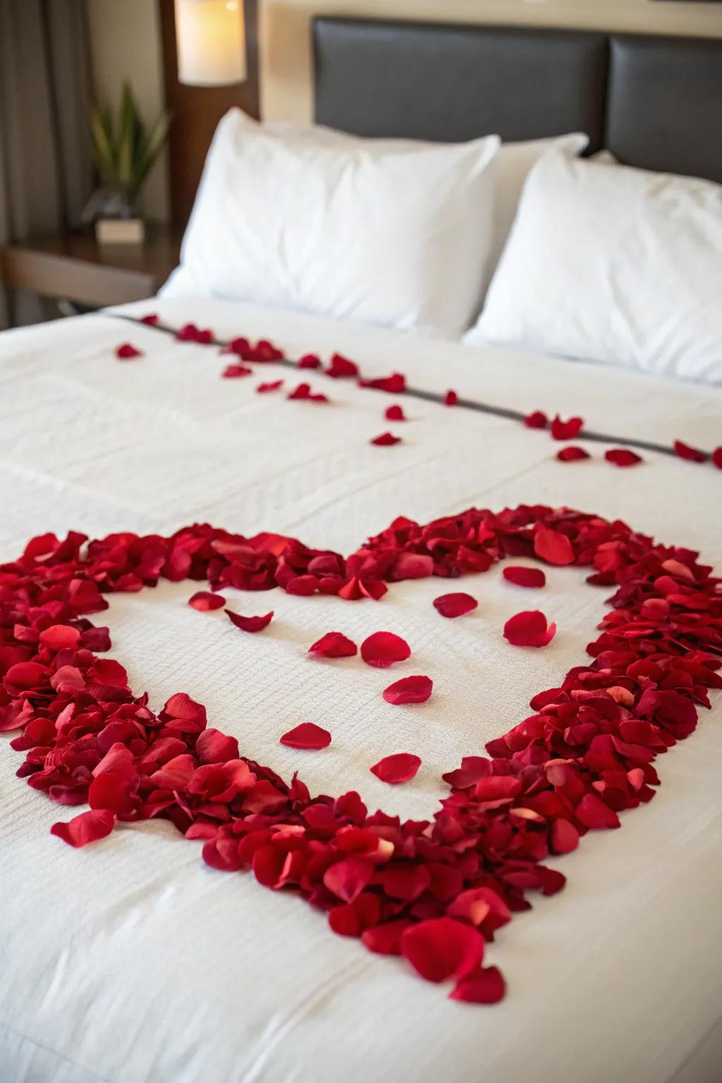 Romantic rose petals arranged beautifully on the bed.