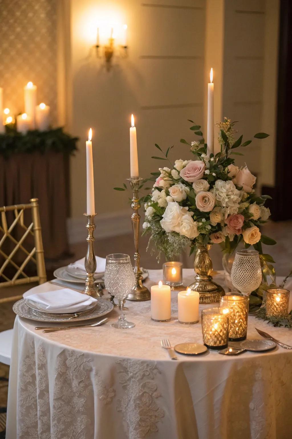 A candlelit sweetheart table with a snug and intimate radiance.