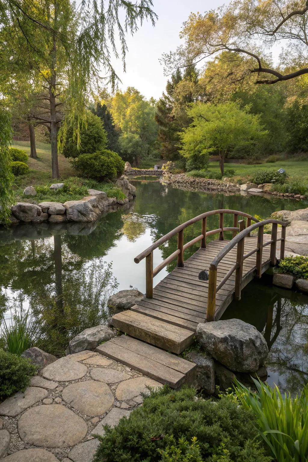 An appealing wood bridge adds character to the swimming pond.