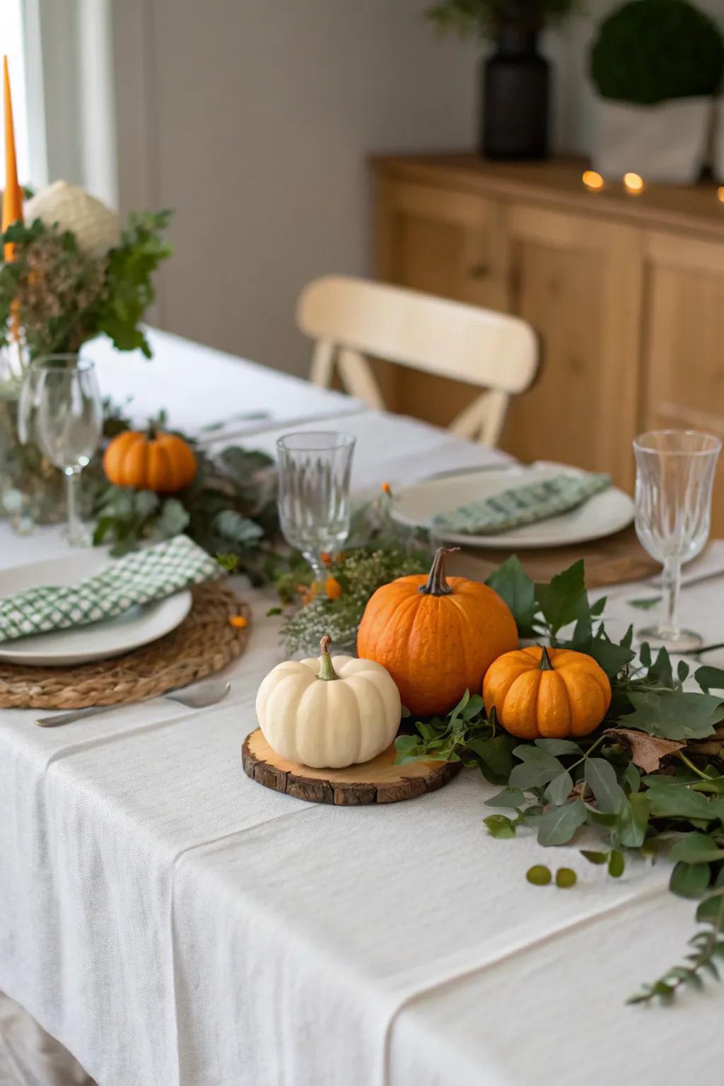 Themed embellishments such as gourds and greenery enhance the table's appeal.