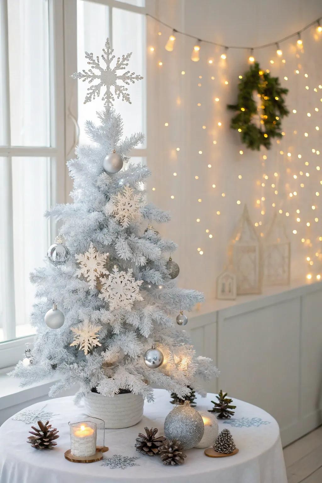 A tabletop Christmas tree styled as a frosty spectacle.