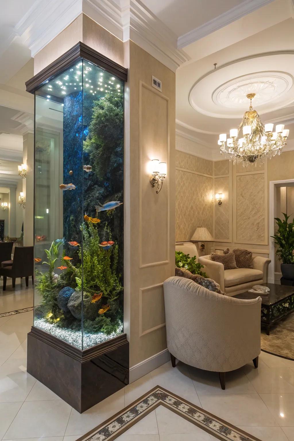 An elongated aquarium boldly asserting itself in the corner of a chamber.