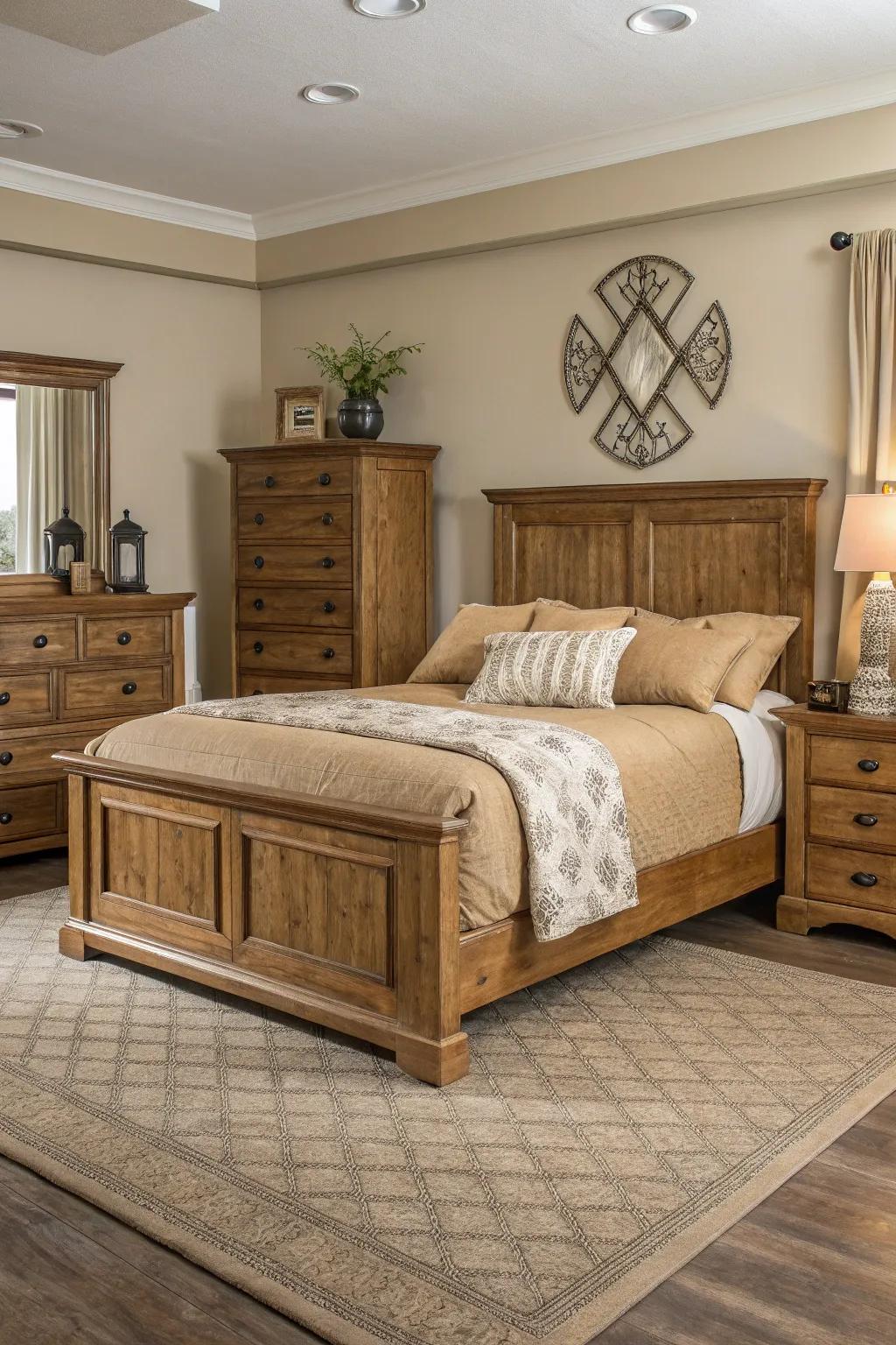 Wood furnishings are an elegant match for a tan-themed room.