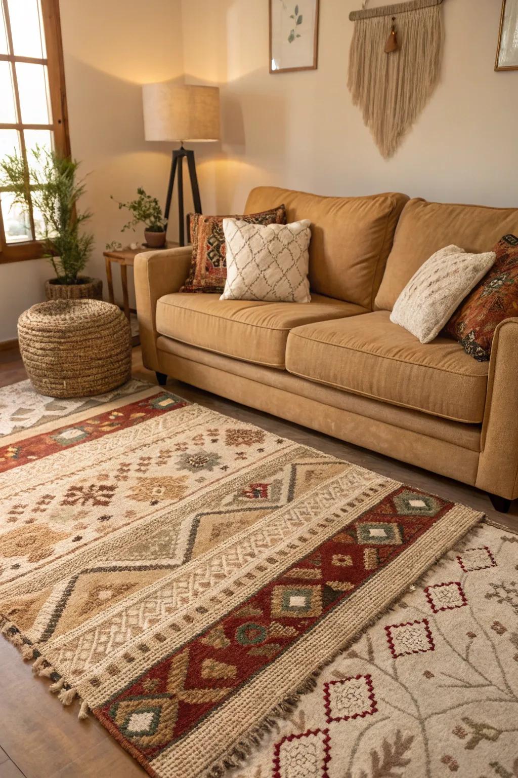 Layered floor coverings enrich the aesthetic charm of a family room.