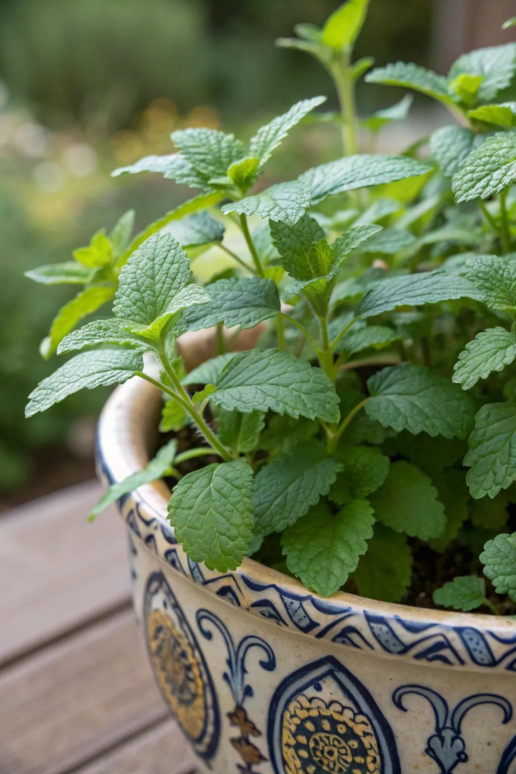 Lemon balm growing vigorously in a ceramic container, ready to infuse your tea with a lemony twist.